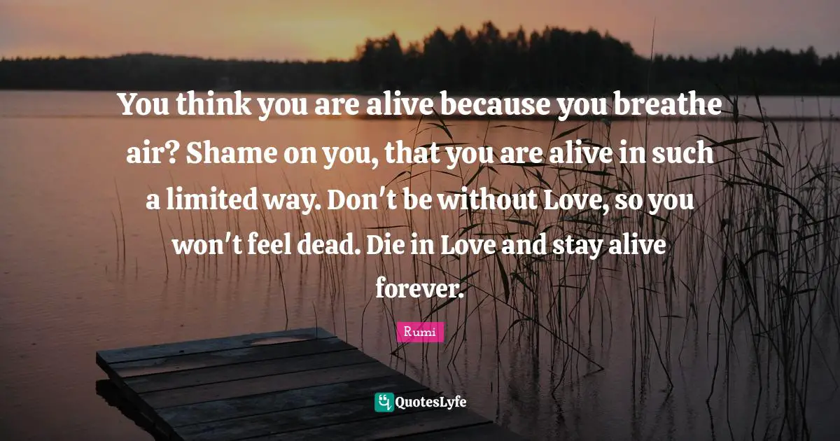 You think you are alive because you breathe air? Shame on you, that you are alive in such a limited way. Don't be without Love, so you won't feel dead. Die in Love and stay alive forever.