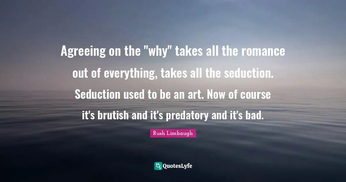 Agreeing on the "why" takes all the romance out of everything, takes all the seduction. Seduction used to be an art. Now of course it's brutish and it's predatory and it's bad.