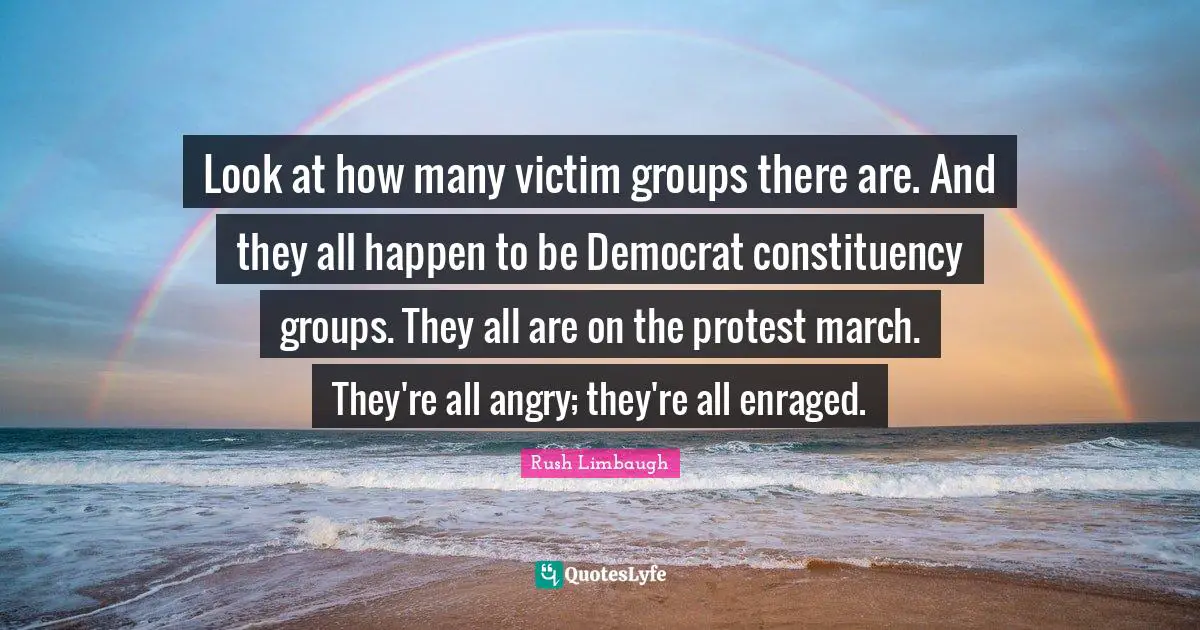 Look at how many victim groups there are. And they all happen to be Democrat constituency groups. They all are on the protest march. They're all angry; they're all enraged.
