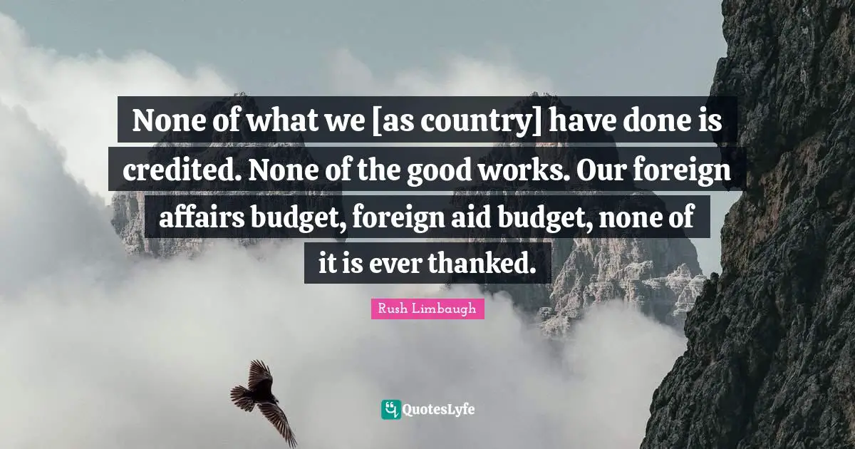 Foreign Affairs Quotes: "None of what we [as country] have done is credited. None of the good works. Our foreign affairs budget, foreign aid budget, none of it is ever thanked."