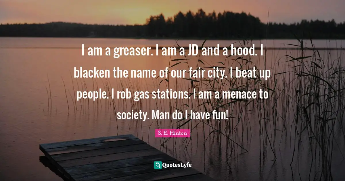 S.E. Hinton Quotes: "I am a greaser. I am a JD and a hood. I blacken the name of our fair city. I beat up people. I rob gas stations. I am a menace to society. Man do I have fun!"