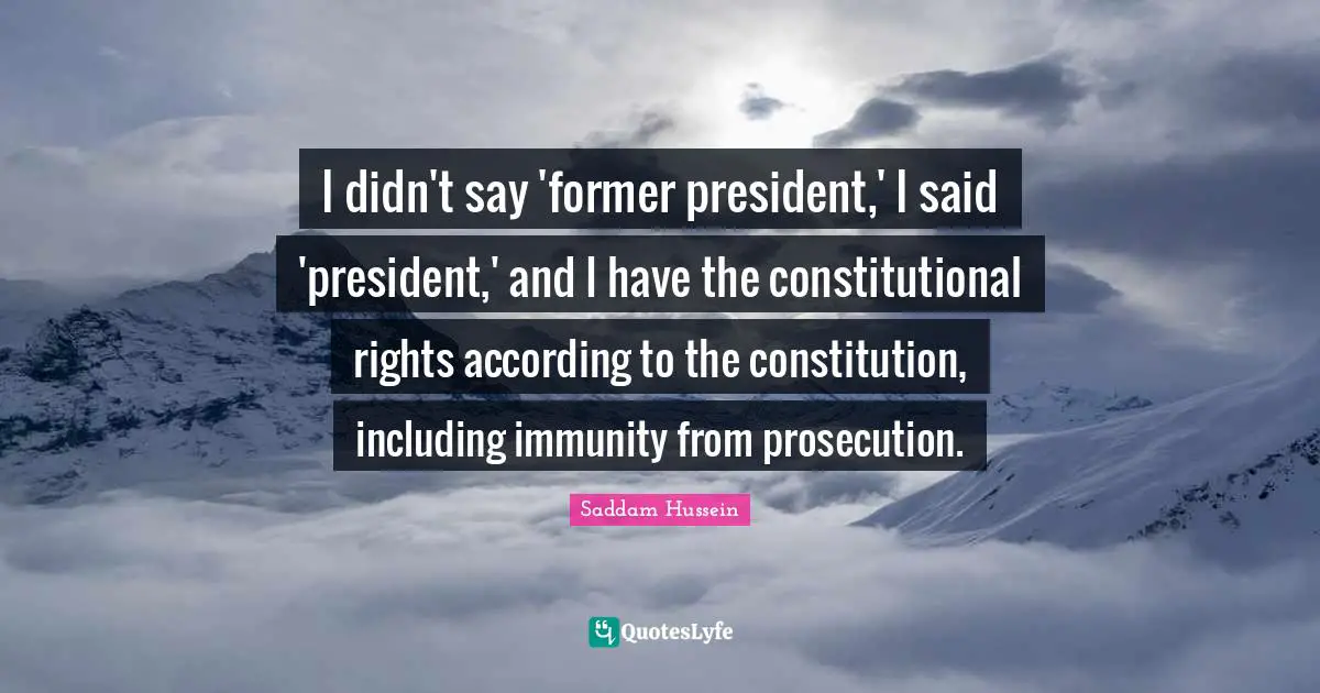 Saddam Hussein Quotes: I didn't say 'former president,' I said 'president,' and I have the constitutional rights according to the constitution, including immunity from prosecution.