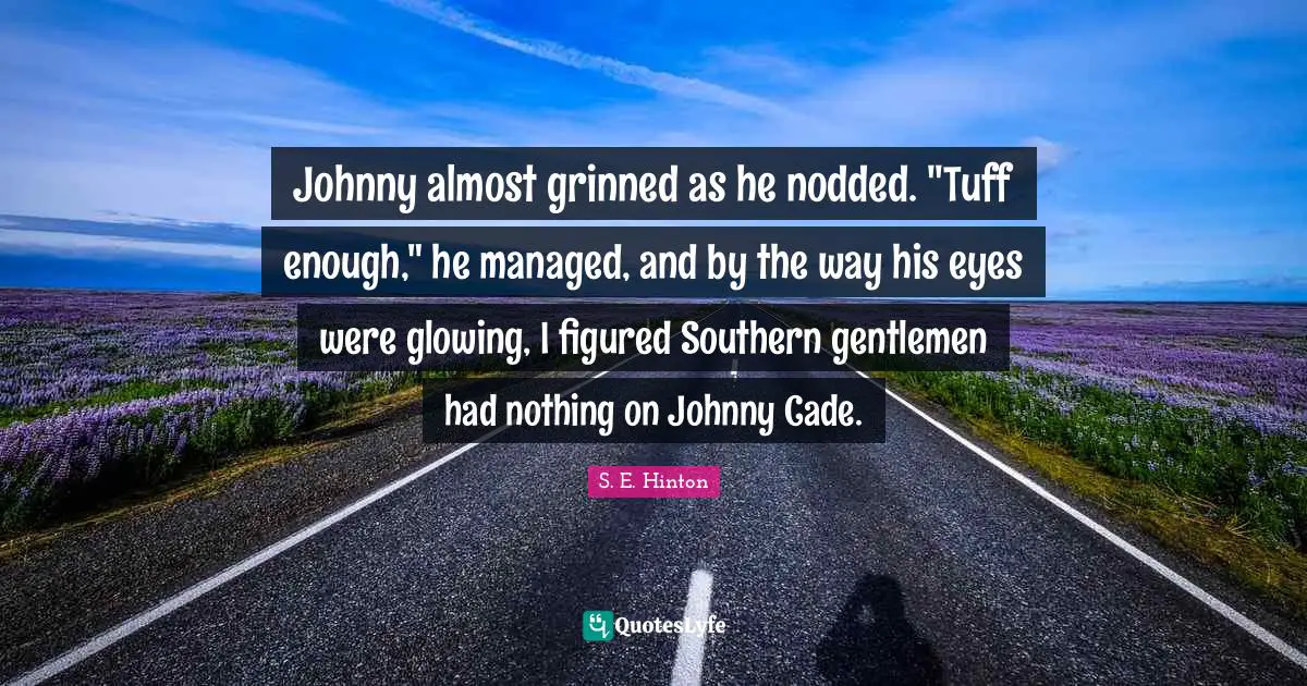 Johnny almost grinned as he nodded. "Tuff enough," he managed, and by the way his eyes were glowing, I figured Southern gentlemen had nothing on Johnny Cade.