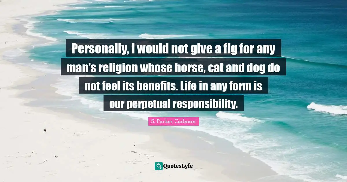 Personally, I would not give a fig for any man's religion whose horse, cat and dog do not feel its benefits. Life in any form is our perpetual responsibility.