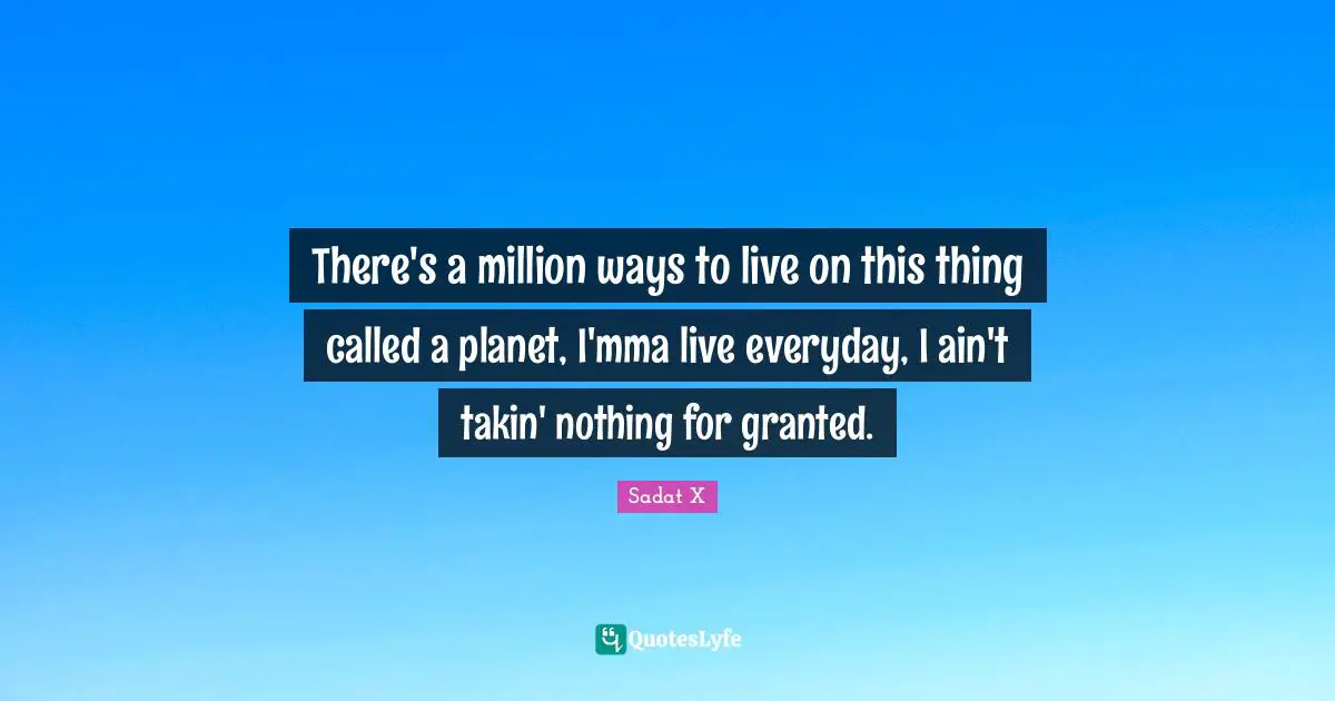 There's a million ways to live on this thing called a planet, I'mma live everyday, I ain't takin' nothing for granted.