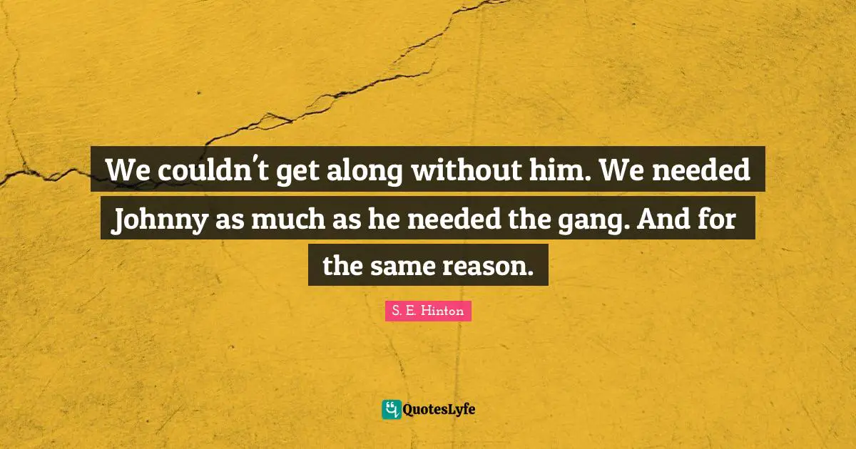 S.E. Hinton Quotes: "We couldn't get along without him. We needed Johnny as much as he needed the gang. And for the same reason."