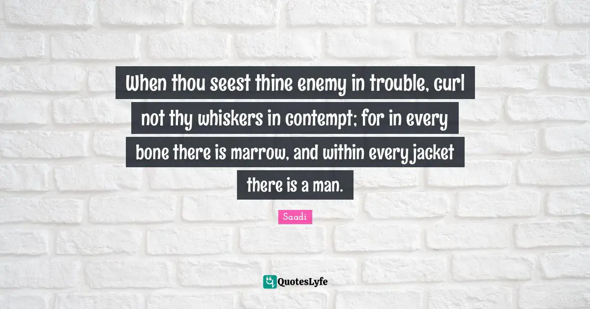 Saadi Quotes: "When thou seest thine enemy in trouble, curl not thy whiskers in contempt; for in every bone there is marrow, and within every jacket there is a man."