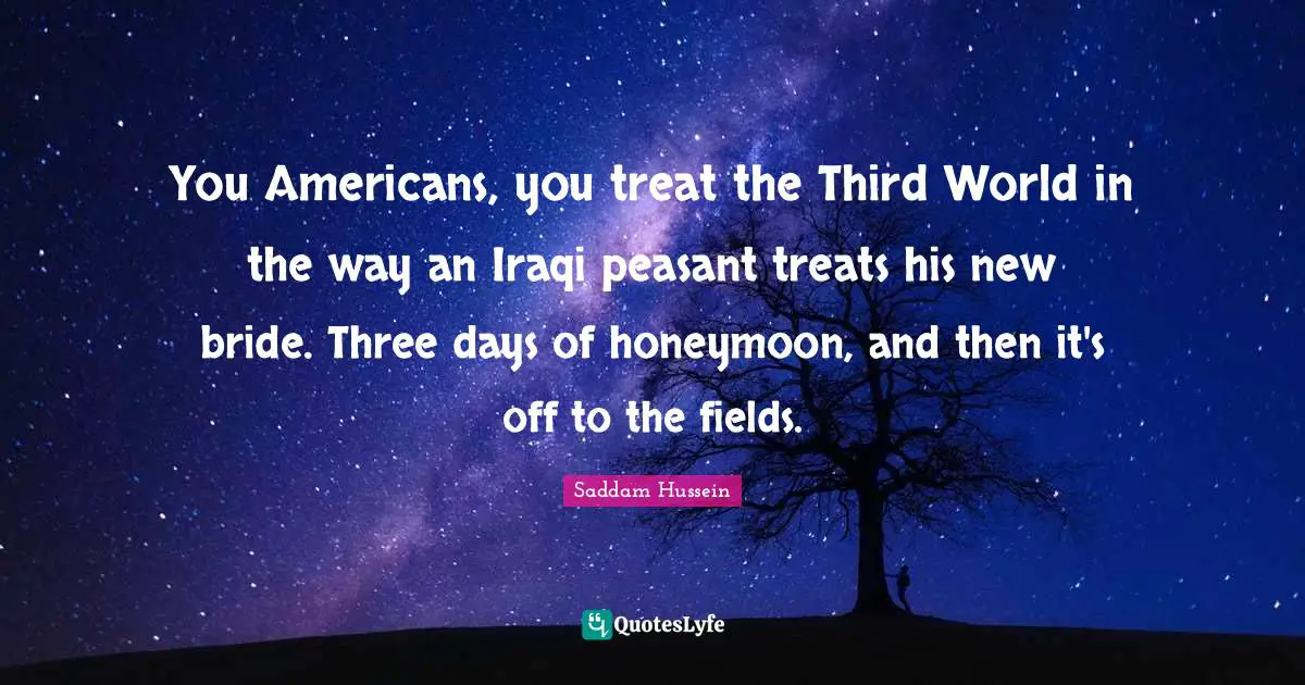 Saddam Hussein Quotes: You Americans, you treat the Third World in the way an Iraqi peasant treats his new bride. Three days of honeymoon, and then it's off to the fields.