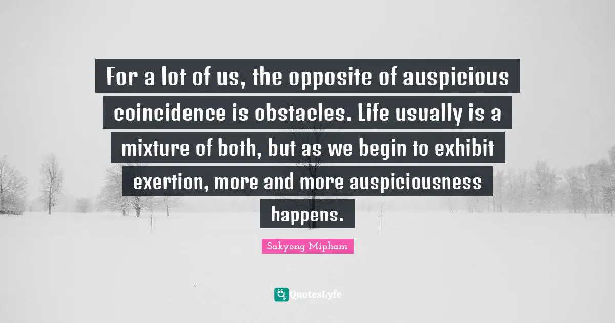 Exertion Quotes: "For a lot of us, the opposite of auspicious coincidence is obstacles. Life usually is a mixture of both, but as we begin to exhibit exertion, more and more auspiciousness happens."