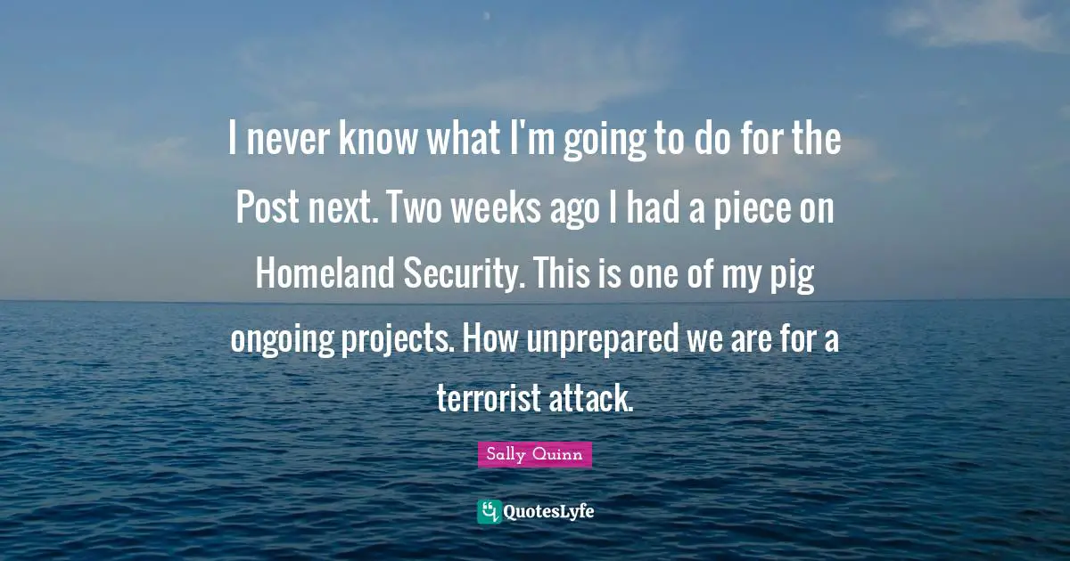 I never know what I'm going to do for the Post next. Two weeks ago I had a piece on Homeland Security. This is one of my pig ongoing projects. How unprepared we are for a terrorist attack.