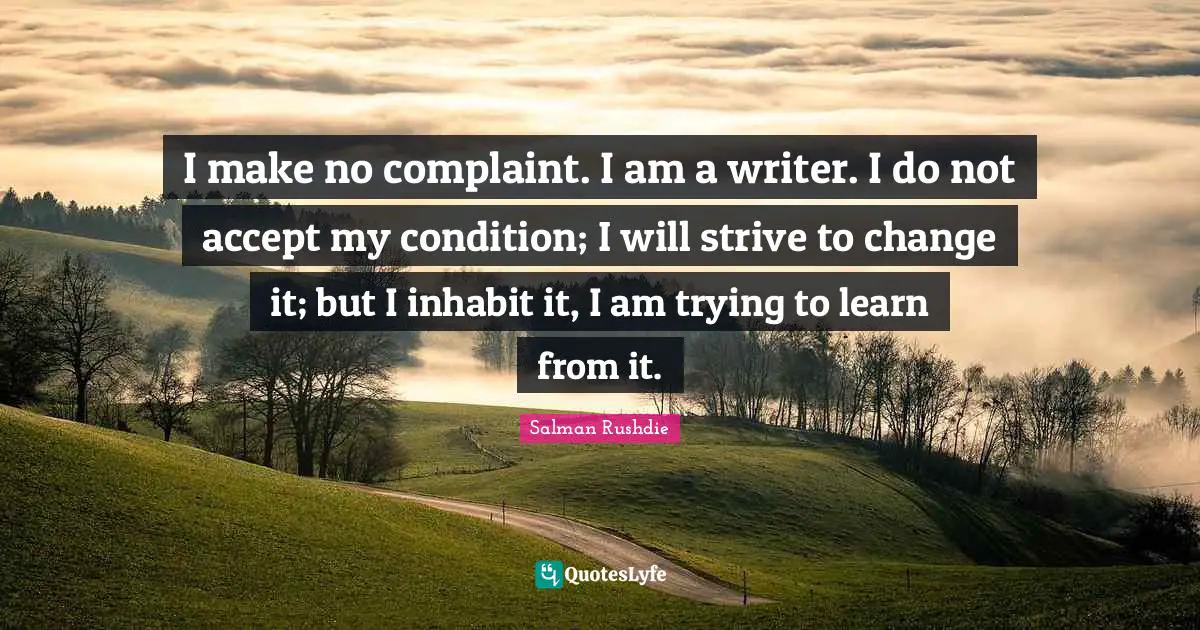 I make no complaint. I am a writer. I do not accept my condition; I will strive to change it; but I inhabit it, I am trying to learn from it.
