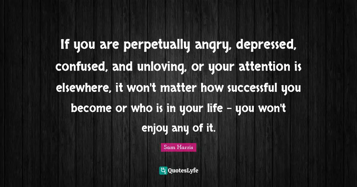 If you are perpetually angry, depressed, confused, and unloving, or your attention is elsewhere, it won't matter how successful you become or who is in your life - you won't enjoy any of it.