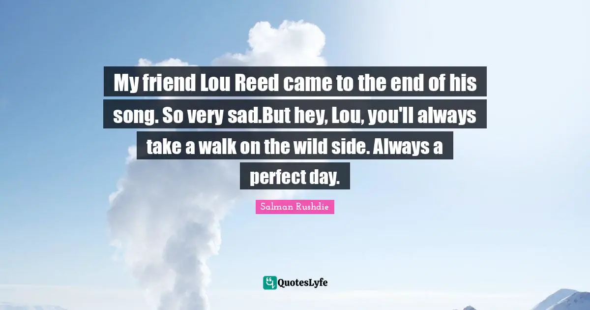 My friend Lou Reed came to the end of his song. So very sad.But hey, Lou, you'll always take a walk on the wild side. Always a perfect day.