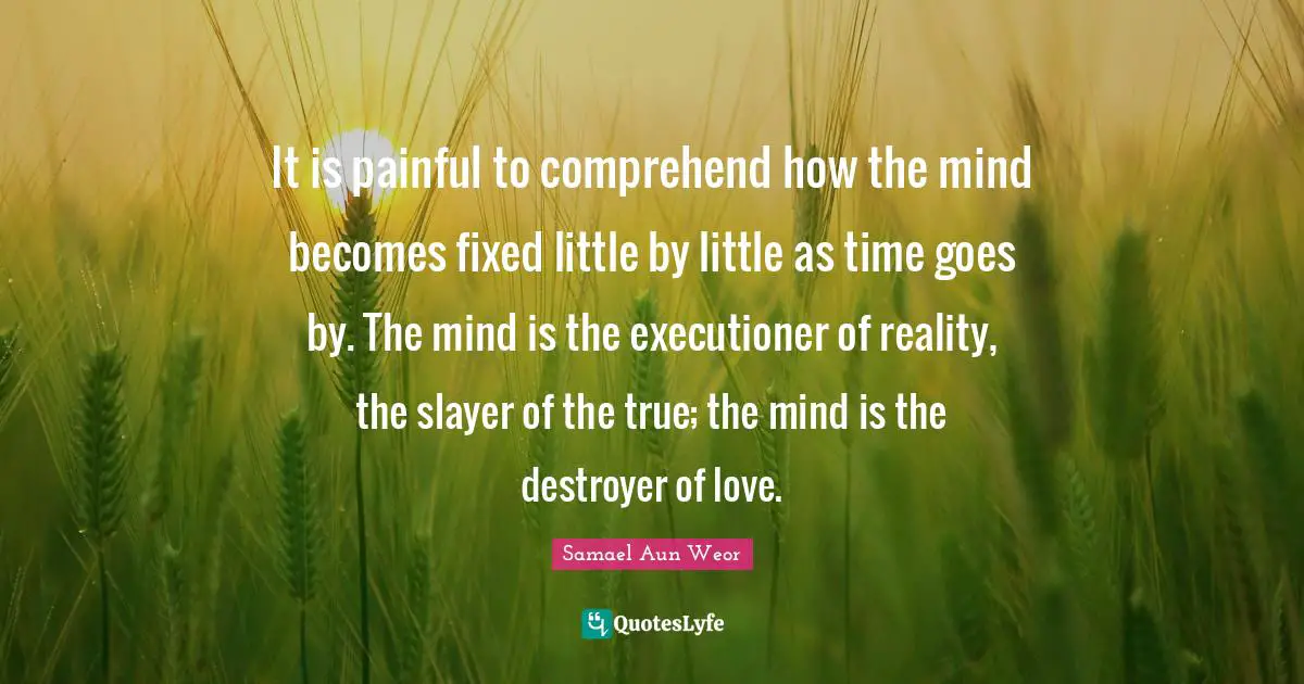 Samael Aun Weor Quotes: "It is painful to comprehend how the mind becomes fixed little by little as time goes by. The mind is the executioner of reality, the slayer of the true; the mind is the destroyer of love."