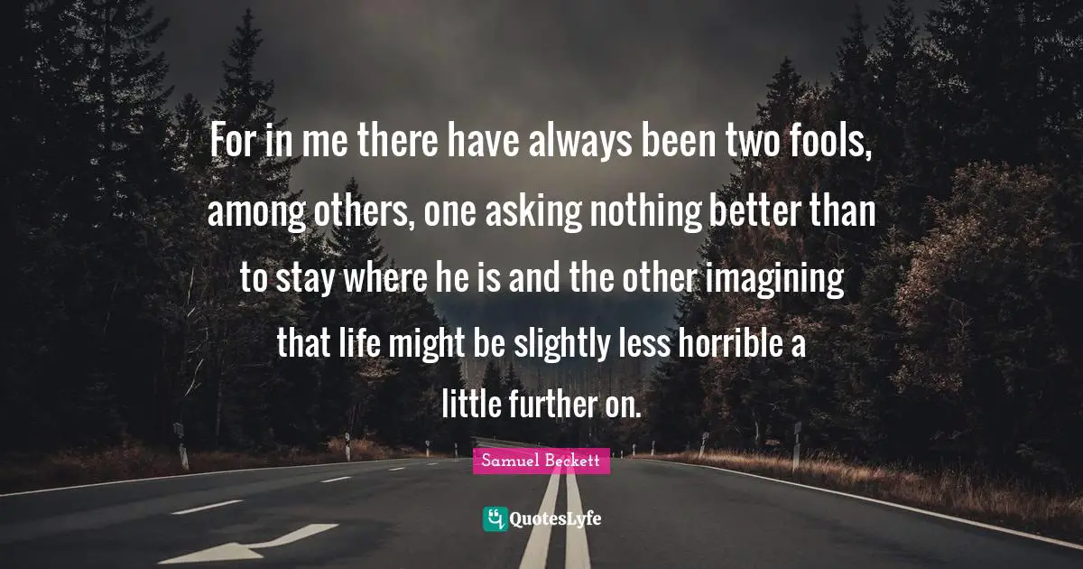 For in me there have always been two fools, among others, one asking nothing better than to stay where he is and the other imagining that life might be slightly less horrible a little further on.
