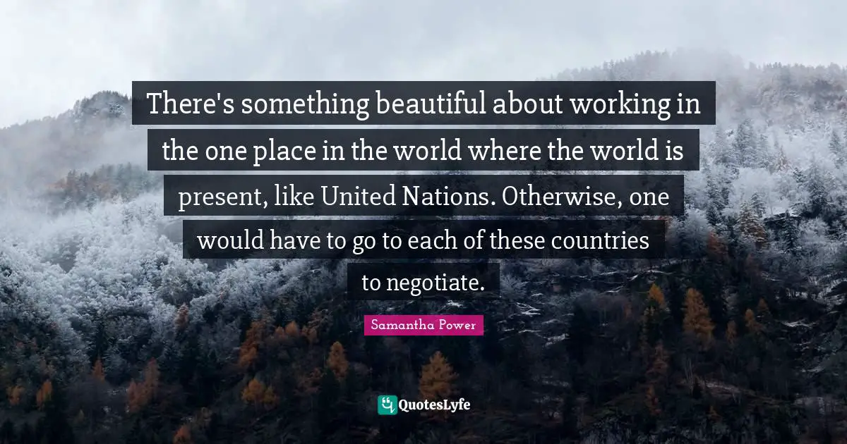 Samantha Power Quotes: "There's something beautiful about working in the one place in the world where the world is present, like United Nations. Otherwise, one would have to go to each of these countries to negotiate."