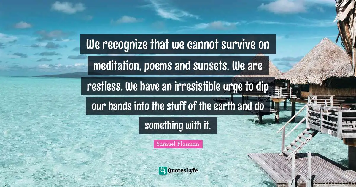 We recognize that we cannot survive on meditation, poems and sunsets. We are restless. We have an irresistible urge to dip our hands into the stuff of the earth and do something with it.