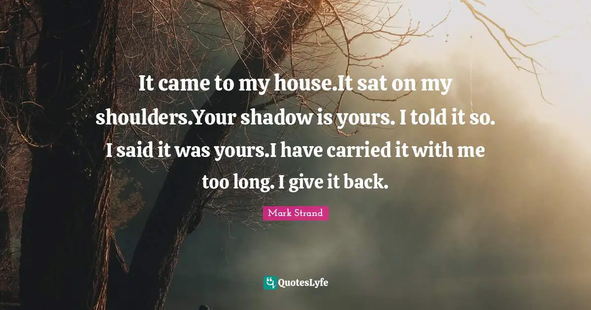It came to my house.It sat on my shoulders.Your shadow is yours. I told it so. I said it was yours.I have carried it with me too long. I give it back.