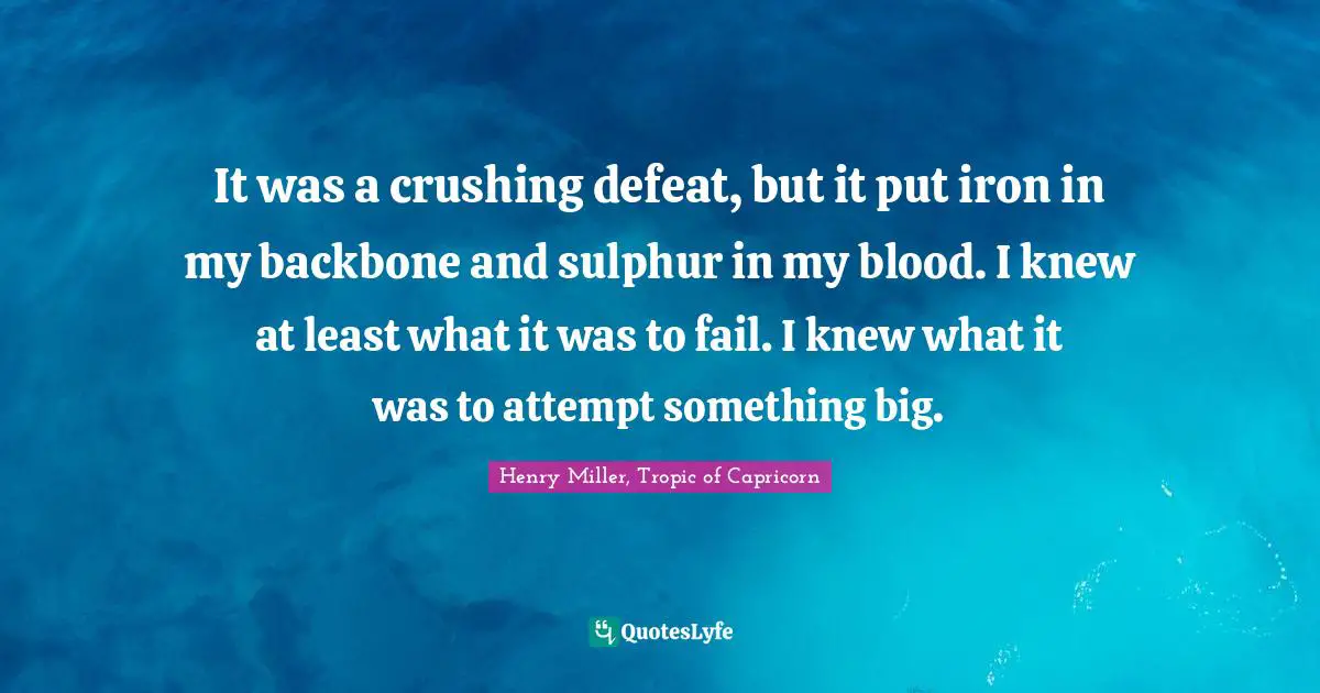 It was a crushing defeat, but it put iron in my backbone and sulphur in my blood. I knew at least what it was to fail. I knew what it was to attempt something big.