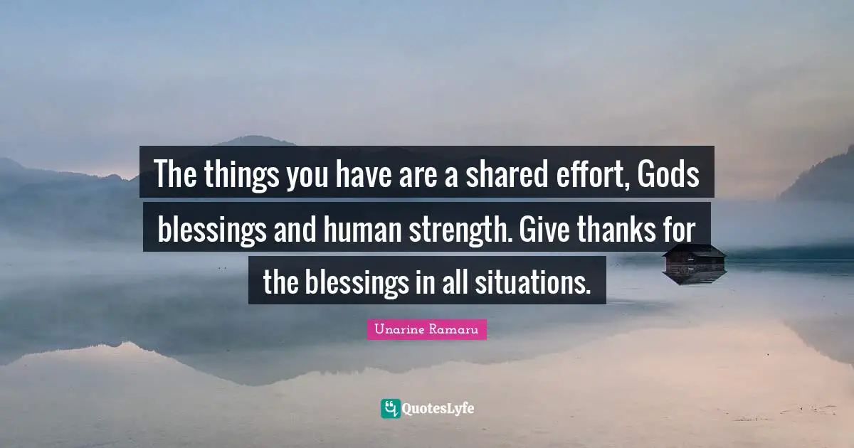 Unarine Ramaru Quotes: The things you have are a shared effort, Gods blessings and human strength. Give thanks for the blessings in all situations.