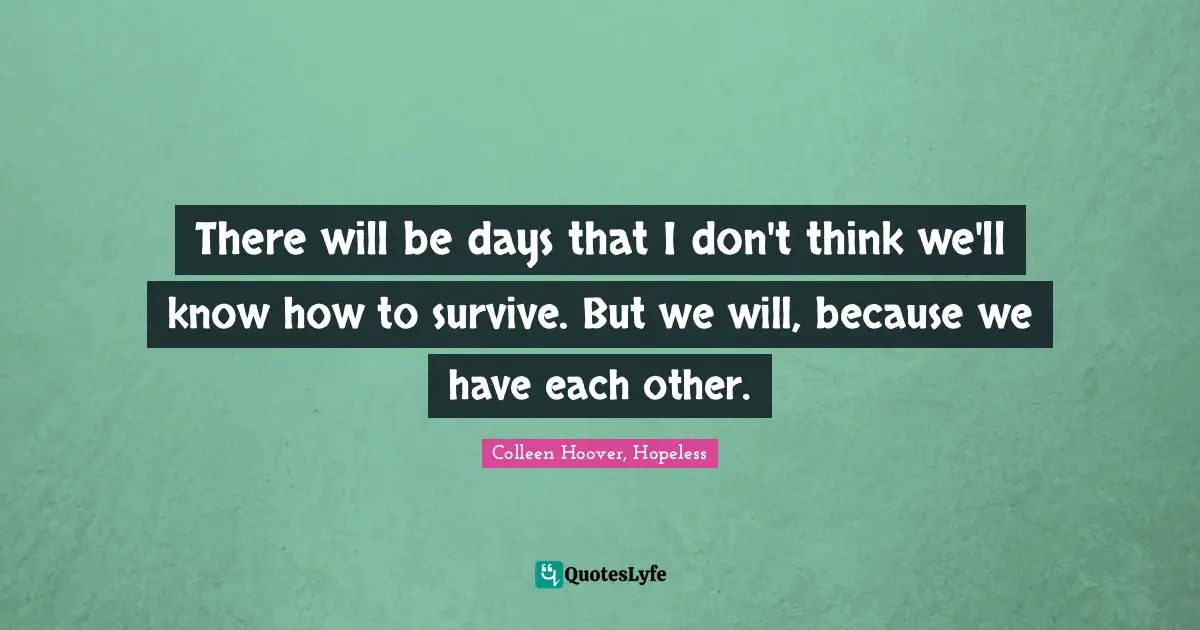 Colleen Hoover, Hopeless Quotes: There will be days that I don't think we'll know how to survive. But we will, because we have each other.