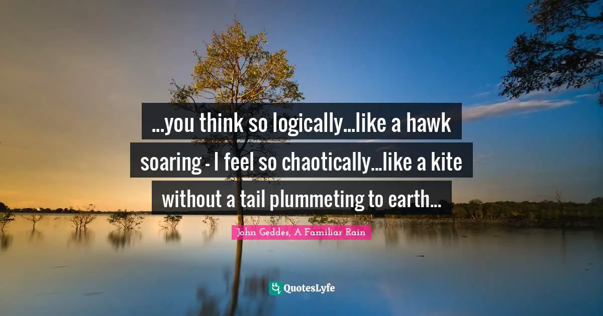 John Geddes, A Familiar Rain Quotes: ...you think so logically...like a hawk soaring - I feel so chaotically...like a kite without a tail plummeting to earth...