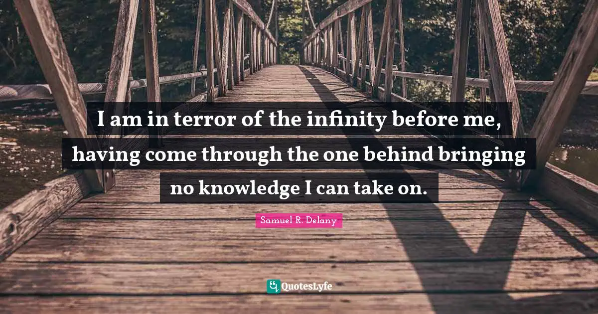 I am in terror of the infinity before me, having come through the one behind bringing no knowledge I can take on.