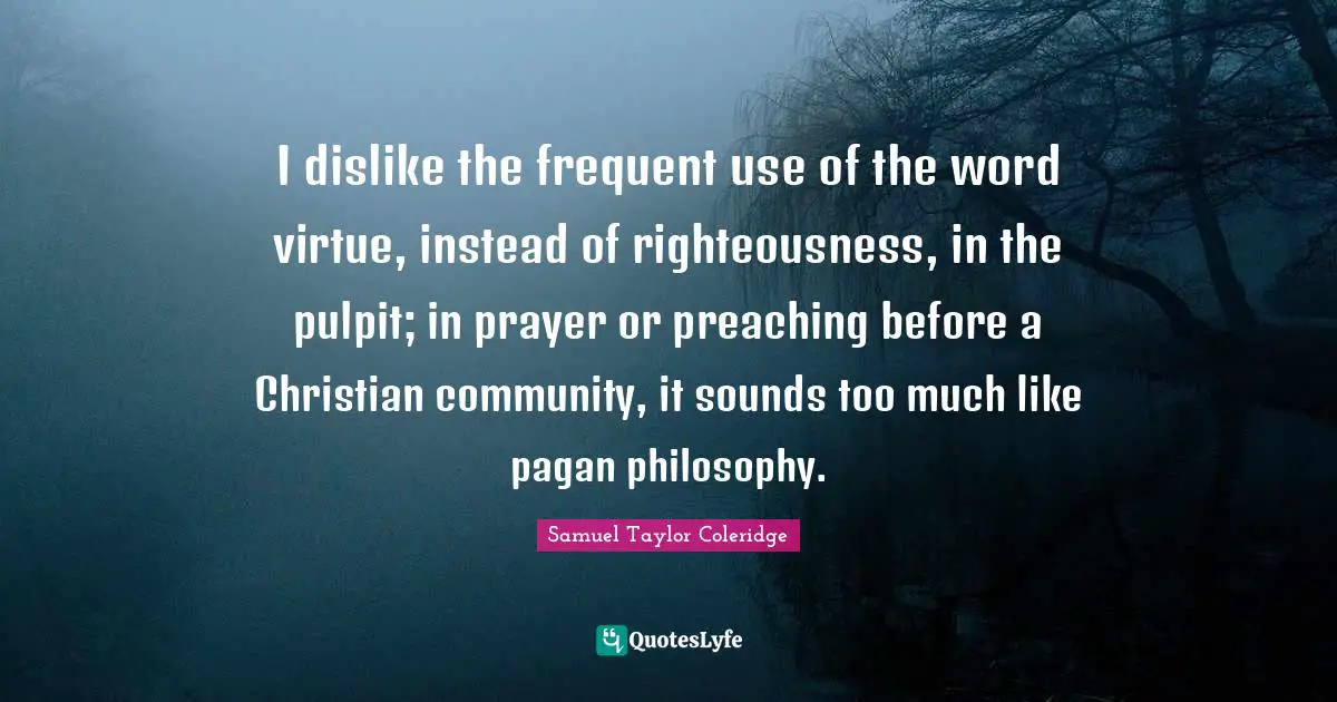 I dislike the frequent use of the word virtue, instead of righteousness, in the pulpit; in prayer or preaching before a Christian community, it sounds too much like pagan philosophy.