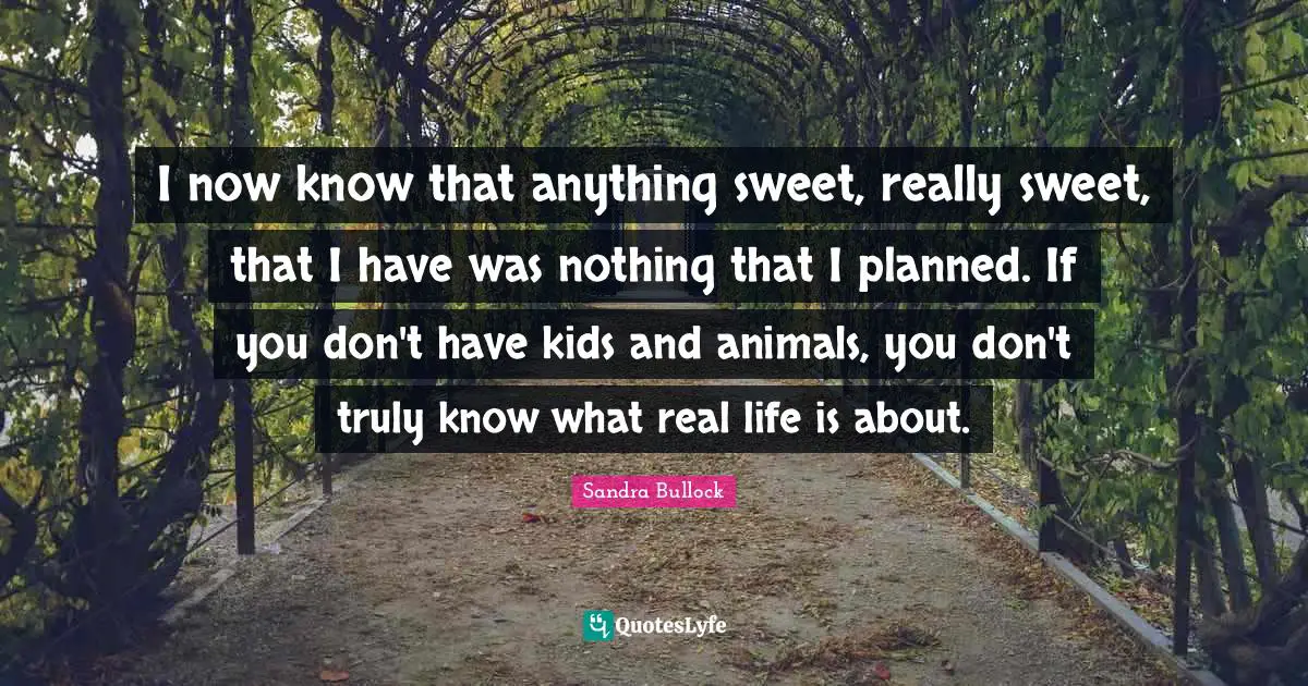 I now know that anything sweet, really sweet, that I have was nothing that I planned. If you don't have kids and animals, you don't truly know what real life is about.