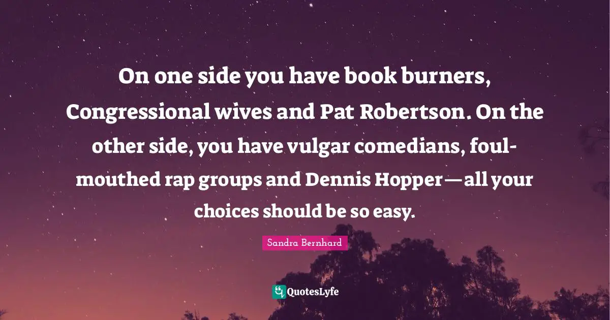 On one side you have book burners, Congressional wives and Pat Robertson. On the other side, you have vulgar comedians, foul-mouthed rap groups and Dennis Hopper—all your choices should be so easy.