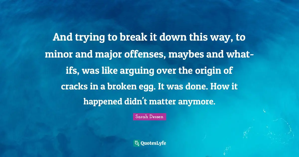 And trying to break it down this way, to minor and major offenses, maybes and what-ifs, was like arguing over the origin of cracks in a broken egg. It was done. How it happened didn't matter anymore.