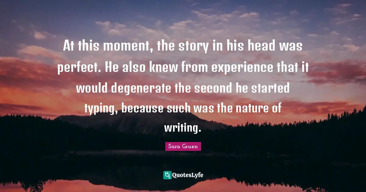 At this moment, the story in his head was perfect. He also knew from experience that it would degenerate the second he started typing, because such was the nature of writing.