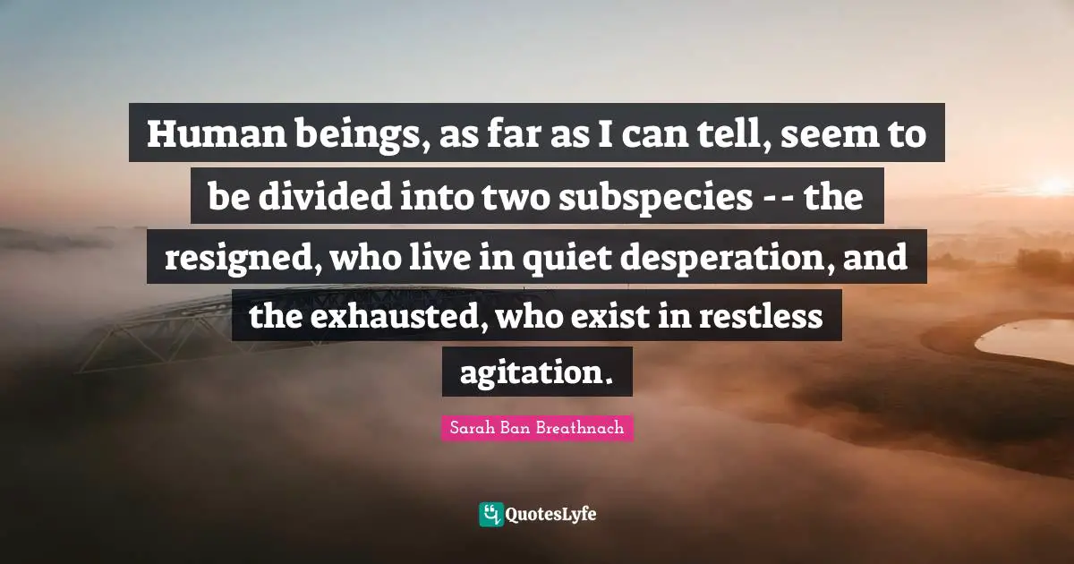 Agitation Quotes: "Human beings, as far as I can tell, seem to be divided into two subspecies -- the resigned, who live in quiet desperation, and the exhausted, who exist in restless agitation."