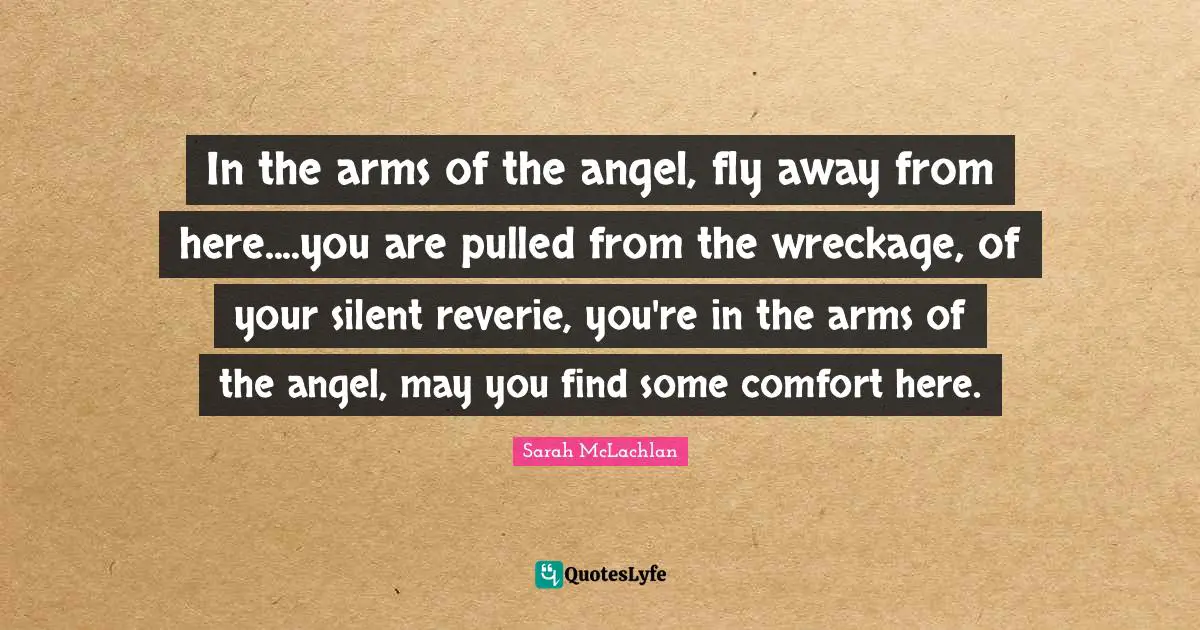 In the arms of the angel, fly away from here....you are pulled from the wreckage, of your silent reverie, you're in the arms of the angel, may you find some comfort here.
