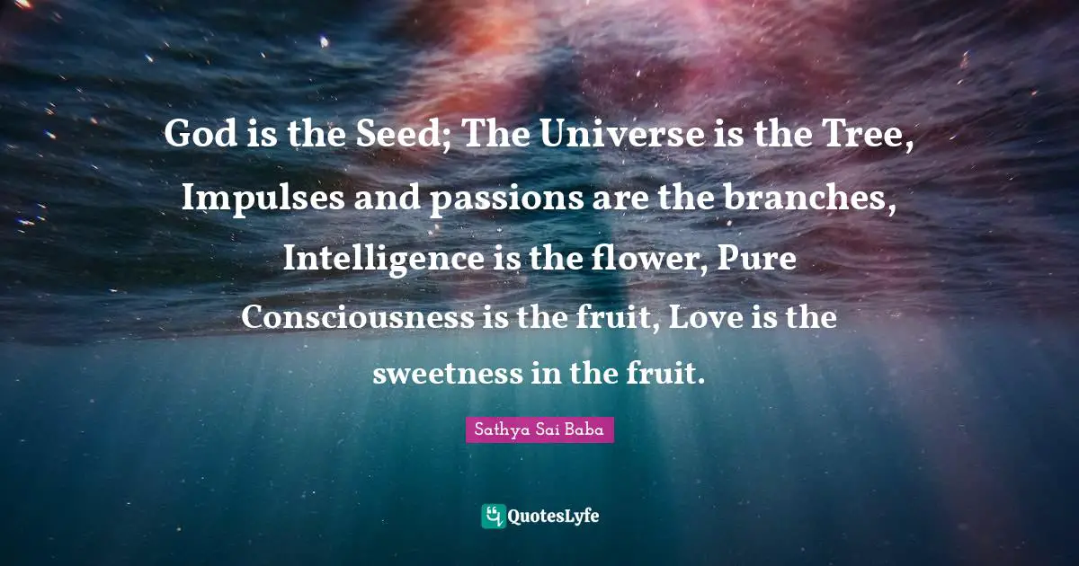 Sathya Sai Baba Quotes: God is the Seed; The Universe is the Tree, Impulses and passions are the branches, Intelligence is the flower, Pure Consciousness is the fruit, Love is the sweetness in the fruit.