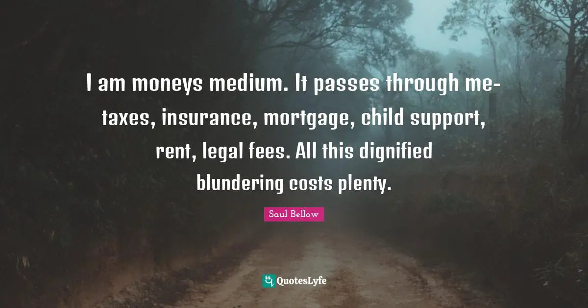 Fees Quotes: "I am moneys medium. It passes through me- taxes, insurance, mortgage, child support, rent, legal fees. All this dignified blundering costs plenty."