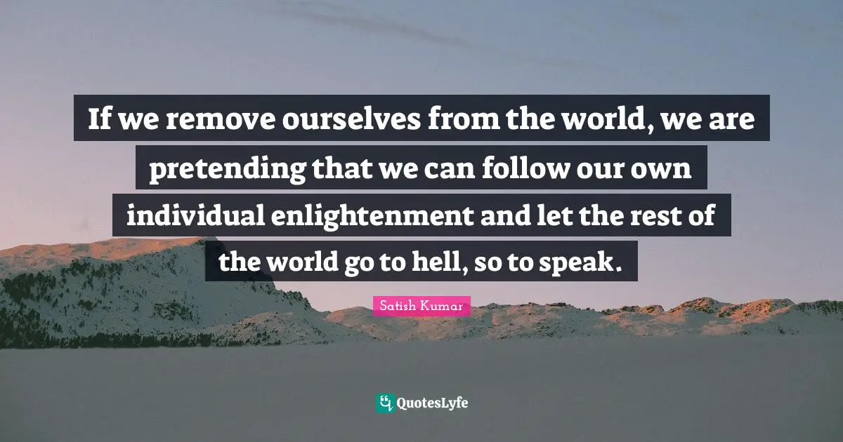 If we remove ourselves from the world, we are pretending that we can follow our own individual enlightenment and let the rest of the world go to hell, so to speak.