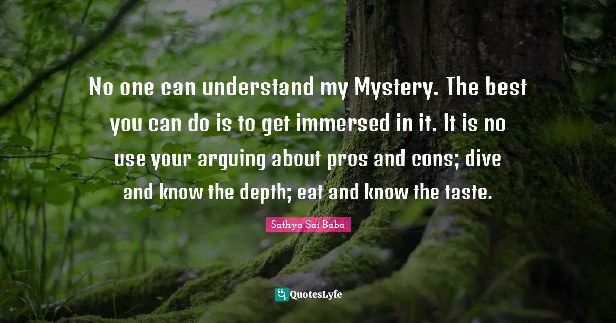 No one can understand my Mystery. The best you can do is to get immersed in it. It is no use your arguing about pros and cons; dive and know the depth; eat and know the taste.