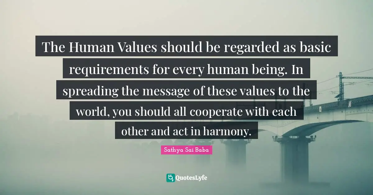 Human Values Quotes: "The Human Values should be regarded as basic requirements for every human being. In spreading the message of these values to the world, you should all cooperate with each other and act in harmony."
