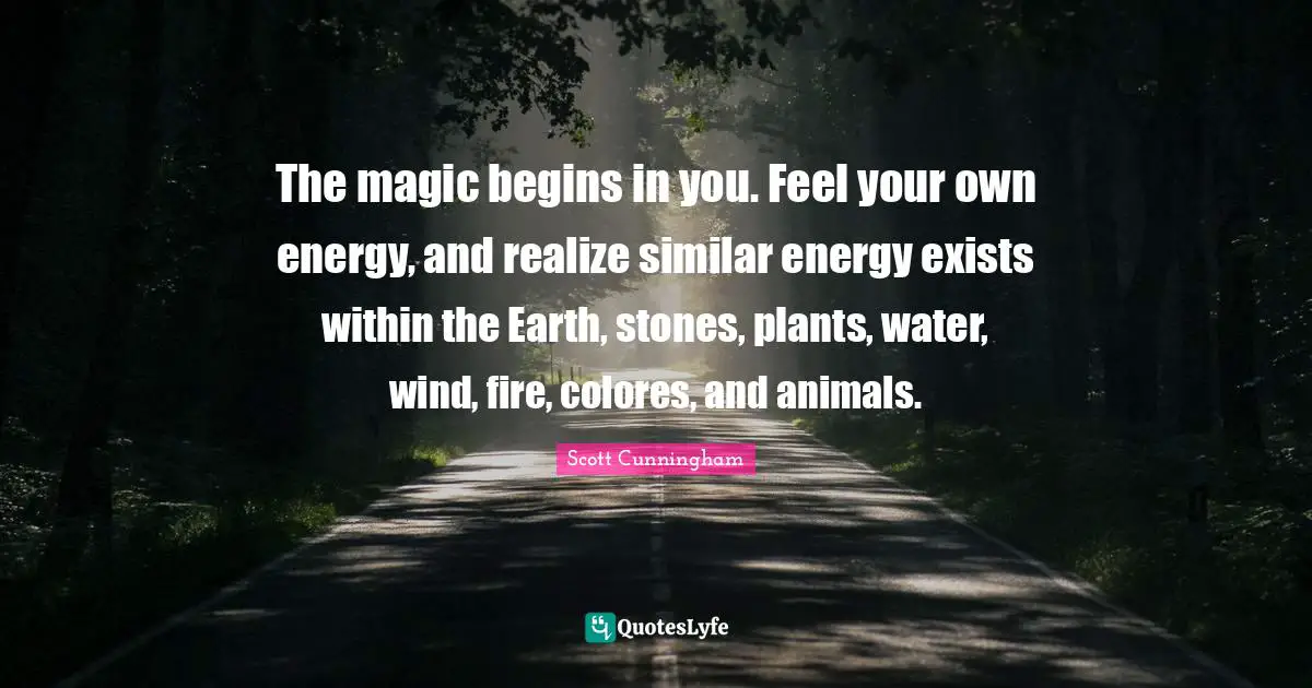 Stones Quotes: "The magic begins in you. Feel your own energy, and realize similar energy exists within the Earth, stones, plants, water, wind, fire, colores, and animals."
