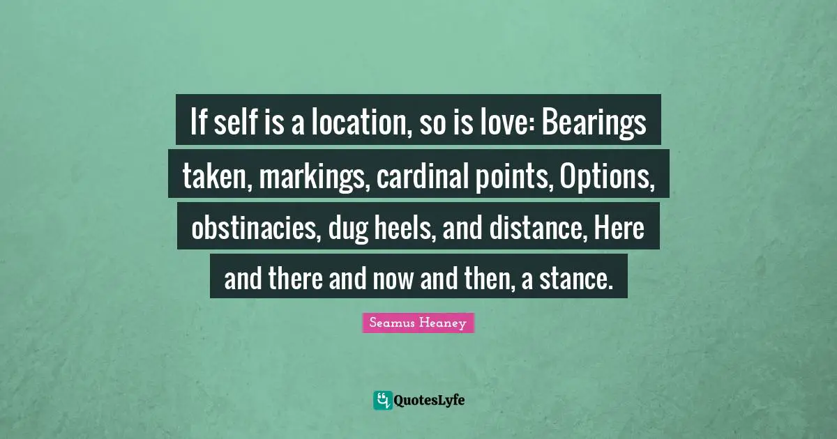 If self is a location, so is love: Bearings taken, markings, cardinal points, Options, obstinacies, dug heels, and distance, Here and there and now and then, a stance.