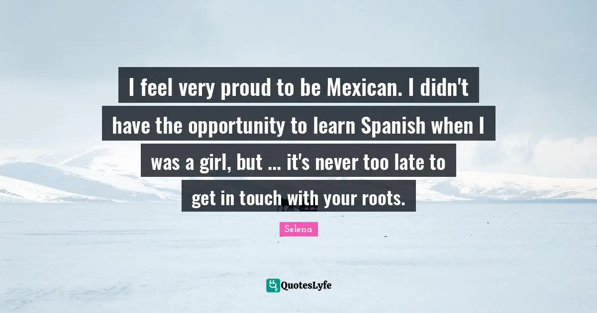 I feel very proud to be Mexican. I didn't have the opportunity to learn Spanish when I was a girl, but ... it's never too late to get in touch with your roots.