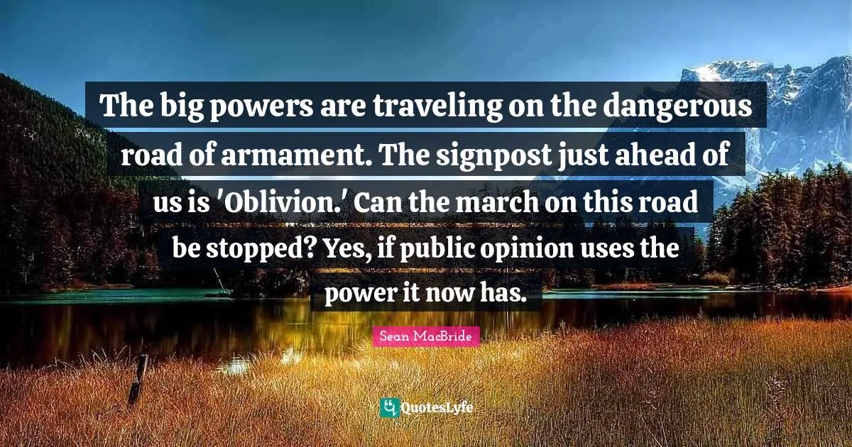 The big powers are traveling on the dangerous road of armament. The signpost just ahead of us is 'Oblivion.' Can the march on this road be stopped? Yes, if public opinion uses the power it now has.