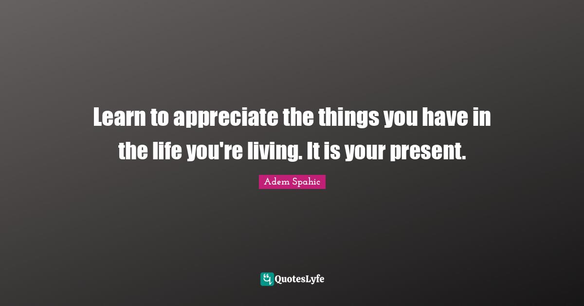 Learn to appreciate the things you have in the life you're living. It is your present.