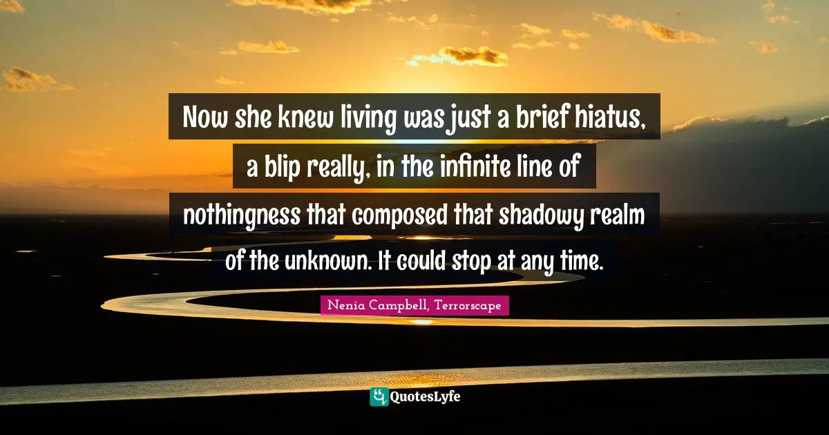Now she knew living was just a brief hiatus, a blip really, in the infinite line of nothingness that composed that shadowy realm of the unknown. It could stop at any time.