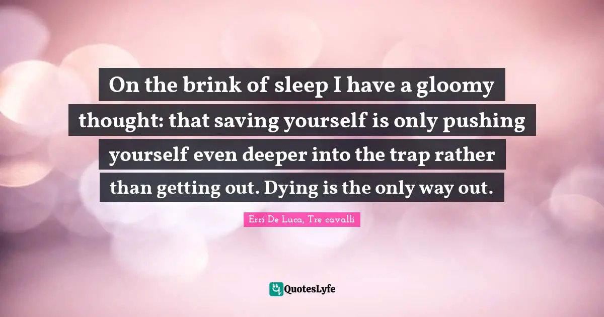 On the brink of sleep I have a gloomy thought: that saving yourself is only pushing yourself even deeper into the trap rather than getting out. Dying is the only way out.
