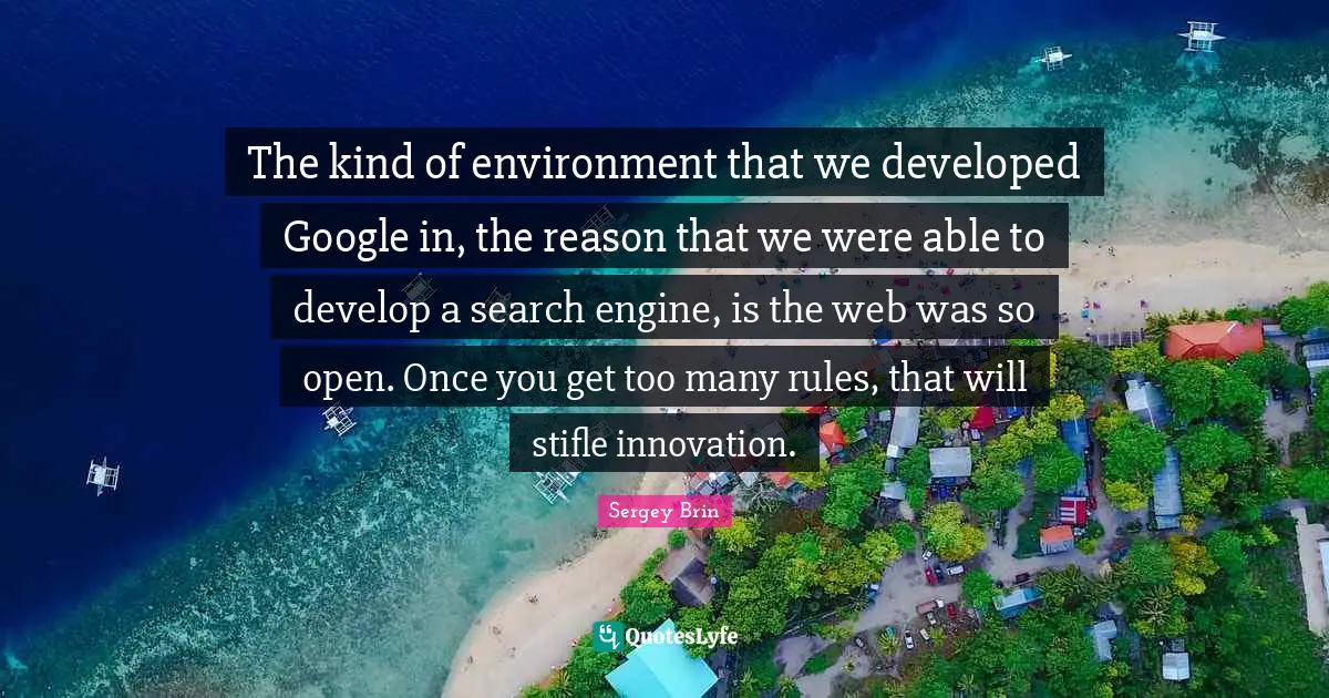Sergey Brin Quotes: The kind of environment that we developed Google in, the reason that we were able to develop a search engine, is the web was so open. Once you get too many rules, that will stifle innovation.