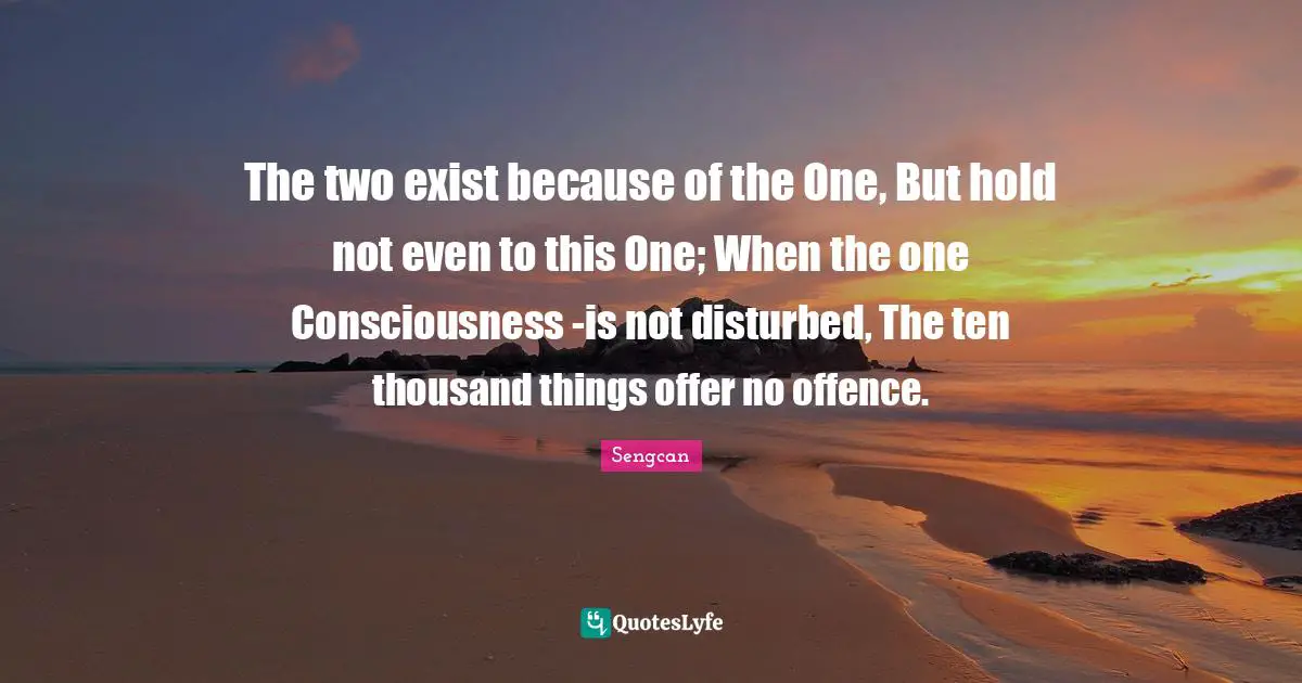 The two exist because of the One, But hold not even to this One; When the one Consciousness -is not disturbed, The ten thousand things offer no offence.