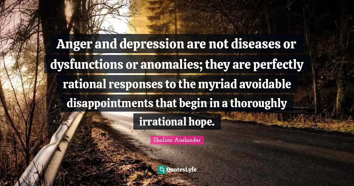 Irrational Quotes: "Anger and depression are not diseases or dysfunctions or anomalies; they are perfectly rational responses to the myriad avoidable disappointments that begin in a thoroughly irrational hope."
