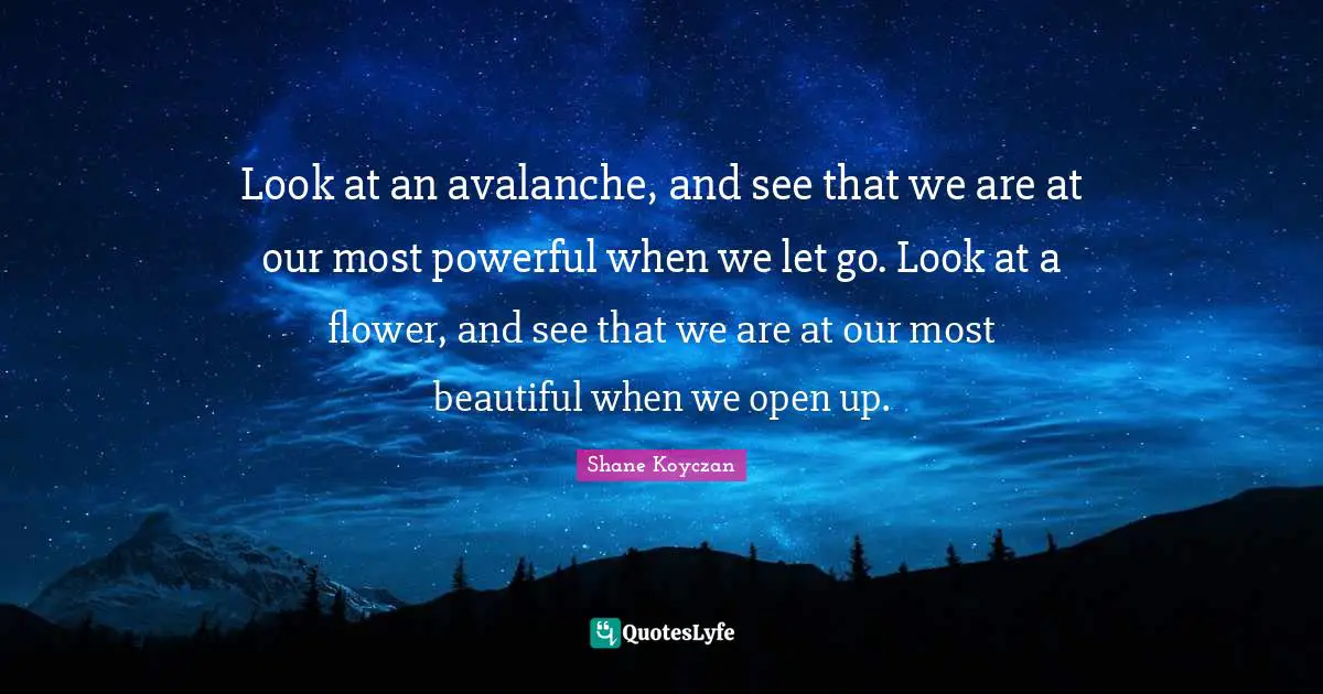 Shane Koyczan Quotes: Look at an avalanche, and see that we are at our most powerful when we let go. Look at a flower, and see that we are at our most beautiful when we open up.
